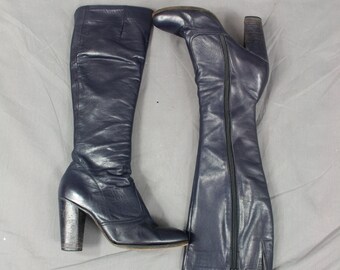Navy Blue Boots, Blue Leather Boots, Jacques Levin Boots, 1970s Boots, Knee High Boots