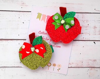 Apple hair clips, set of 2 Apple hair clips, Red apple, Green apple hair clips Free Uk Shipping