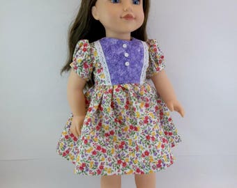 18 inch Doll Dress Fits American Girl Doll Floral Dress with Purple Lace Edged Front