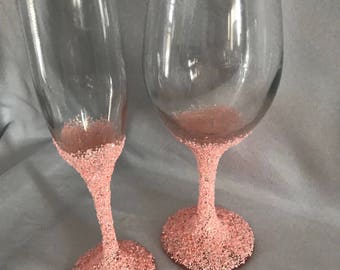Customizable wine glasses , customizable flute or toasting glass , sparkling glass , gold sparkles , pink sparkles