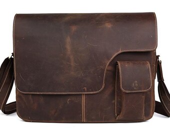 Leather messenger bag, satchel, crossbody, 15 14 13 inch briefcase, laptop, weekender, overnight, mens, womens, genuine travel luggage RH5