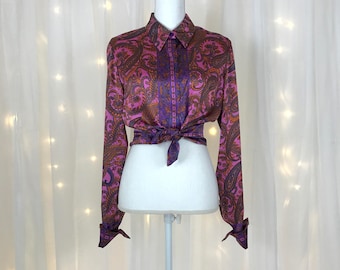 90s silk BLOUSE / SO SOFT / pink purple / paisley / button down / cuffed / top shirt / collared / size small medium