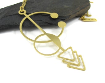 Unique Pendant Necklace, Gold Tribal Necklace, Bohemian Jewelry, Long Statement Necklace, Geometric Necklace, Arrow Necklace, Large Pendant