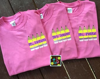Personalized Monogrammed Pencils Back to School Teacher Shirt Tee