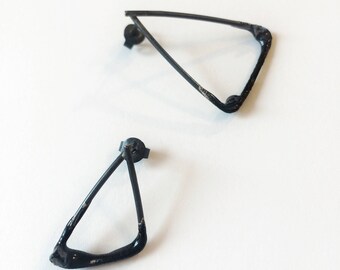 Geometrical minimal asymmetrical black earrings, triangular, oxidised silver, Quartz, easter gift, gift for her