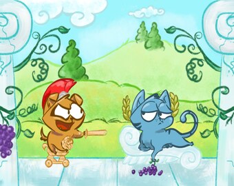 A4 Puppy and Kitten in Ancient Greece Print