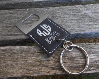 Customized Bottle Opener, Leather Keychain. Laser Engraved. Wedding, Groomsmen Gift, Dad, Anniversary. Groom, Birthday, Christmas, Stepdad