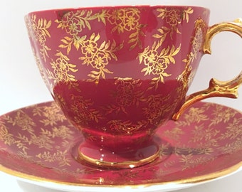 Royal Stuart Tea Cup and Saucer, Red and Gold Cups, English Teacups, Vintage Tea Party, Antique Teacups, Bone China Cups, Antique Tea Cups