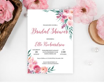purple and blush pink bridal shower invitation template