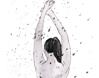 portrait drawing, ink drawng, contemporary artwork, modern wall art, bird illustration, black bird drawing, ink illustration, ponytail art