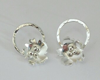 Sterling silver handmade flower earrings, hallmarked in Edinburgh.