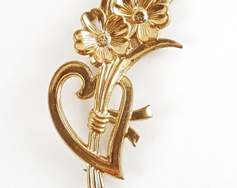 Vintage Art Nouveau Style Flower and Heart Brooch // 1980s Gold Tone Pin // gift for her // gift for mom // wife gift