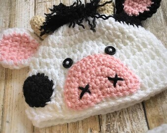Baby Cow Outfit, Crochet Cow Set, Baby Cow Hat, Farm Animal Hat, Crochet Baby Outfit, Newborn Photo Prop, Newborn Halloween Costume, Cow Hat