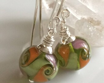 Green Lampwork Glass Earrings Multicolor Glass Earrings Sterling Silver Earrings