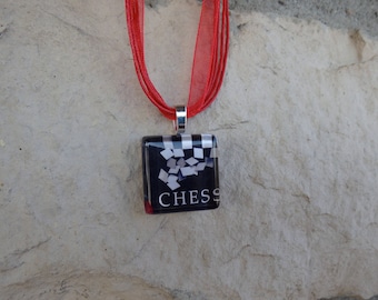 Broadway Musical Chess Glass Pendant and Ribbon Necklace