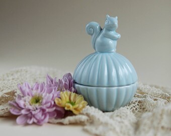 Ceramic Trinket Box with Squirrel on Lid in Baby Blue | Jewelry Box | Ring Box | Home Decor | Figurine | Paper Clip Container