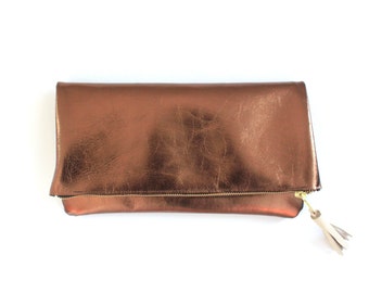 lederen clutch, gevouwen koppeling, bronzen koppeling, bronzen lederen clutch, metalen clutch tas, dagelijks koppeling, koppeling, de 'Kate' avond
