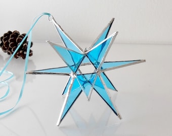 12 Point Moravian Star. Light Blue Star. Stained Glass Star. 6"