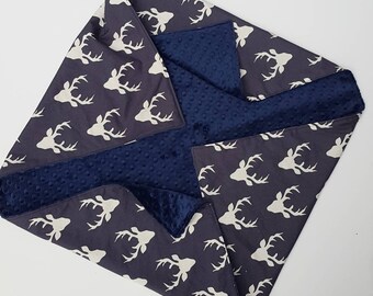 Navy Blue Deer minky Baby Blanket- woodland baby gift, baby shower gift, minky baby blanket, baby bedding, baby nursery, stroller blanket