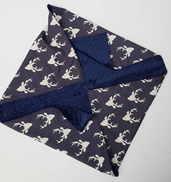 Navy Blue Deer minky Baby Blanket woodland baby gift baby