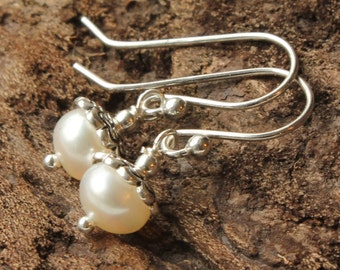 White Pearl Earrings, sterling silver, genuine pearls, bridal, wedding, boho dangle earrings, June birthstone, holiday gift for her, 4405