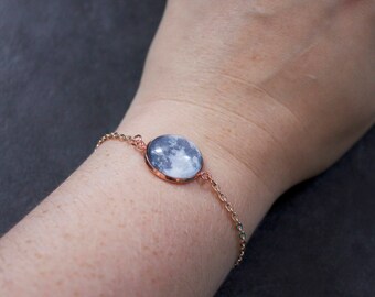 Rose Gold Custom Moon Phase Bracelet - Choice of phase Glass Dome full moon personalised moon bracelet chain