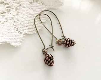 Pine Cone Earrings, Dainty Earrings, Boho Bride Jewelry, Antiqued Brass Pine Cone Earrings, Woodland Jewelry