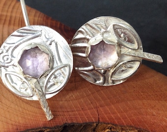 SALE Sterling silver handmade earrings with rose cut amethyst, hallmarked in Edinburgh