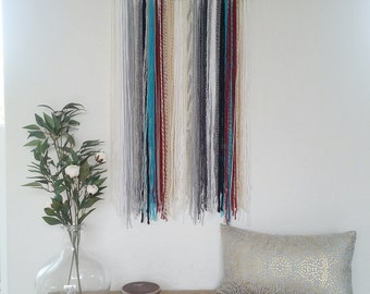 Yarn Wall Hanging, Yarn Tapestry, White, Cream, Gray, Burgundy, and Blue.