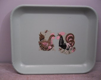 vintage green metal tray / serving tray / chicken and rooster