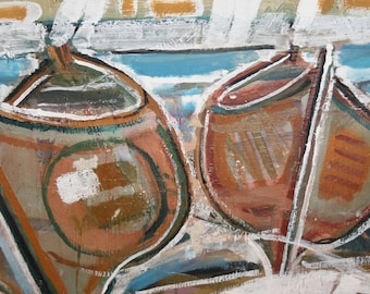 Vintage Avant Garde landscape boats oil painting