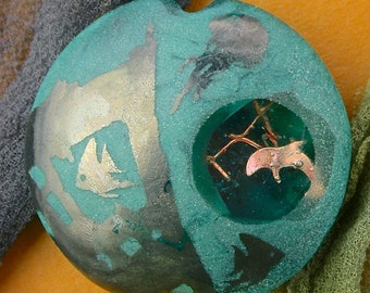 Lampwork Glass Bead SRA "Underwater Window" Handmade Sandblasted Focal Bead Faceted Lentil, Copper Inclusions, Iridescent Lustre ~ Sea Tones