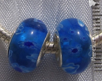 BLUE METAL MILLEFIORI GLASS DONUT RONDELLE BEADS 2 CHARMS SILVER 925 * D543