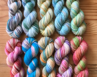 Hand Dyed Sock Yarn Mini Skein Set #148 -- 10 Mini Skeins/25 Yards Each