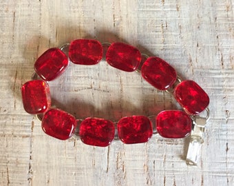 Beautiful deep Red Ice Fused Dichroic Art Glass Jewelry Link Bracelet 7 1/2” FREE shipping