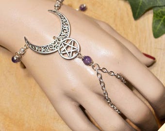 Ornate Crescent Moon & Pentacle Bracelet Ring with Amethyst Beads. Pagan Bracelet Ring, perfect for Wiccan, Witch. Slave Bracelet.