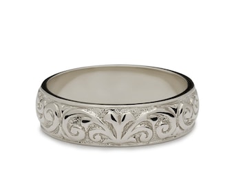 White Gold Engraved Wedding Band - Hand Engraved Wedding Band - Vintage Style Wedding Band - White Gold Wedding Band