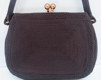 Vintage 1940's Navy Purse/Navy Blue Corde Purse with top Handle/Navy Corde Handbag/Hollywood Handbag Company California/Gold Hardware