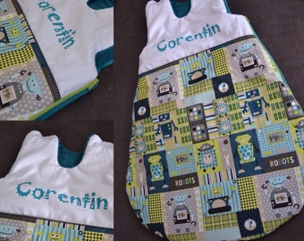Sleeping bag personalized robots baby green / blue