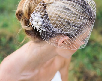 Bridal Birdcage veil, Wedding veil, bridal veil, bridal hair comb, pearls comb Veil, Bandeau birdcage veil, Pearl birdcage veil, Jolee
