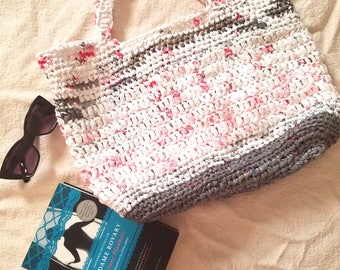White, Gray and Red Medium Plarn Bag