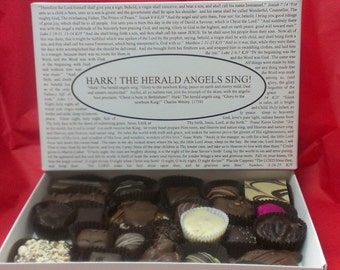 Chocolates with Hark! The Herald Angels Sing! Box Lid. Over forty box lids to choose from! Gourmet Boxed Chocolates.