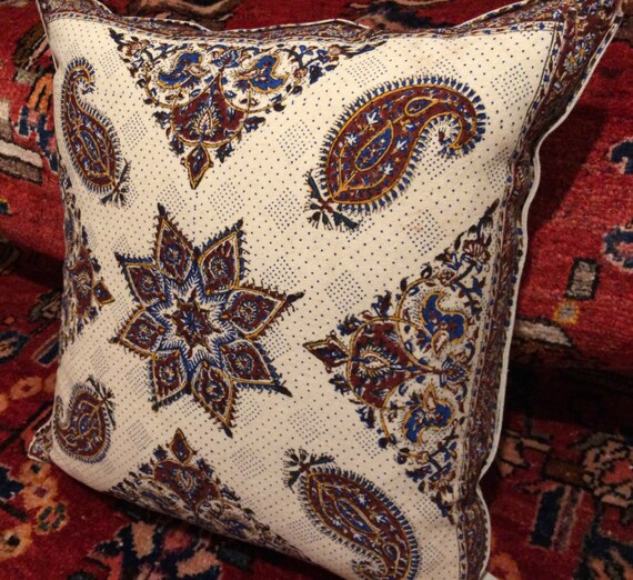 Hand block printed paisley pillow , 24" inches natural dyes tapestry sofa cushion Cotton and linen pillow, paisley pattern, cottage style
