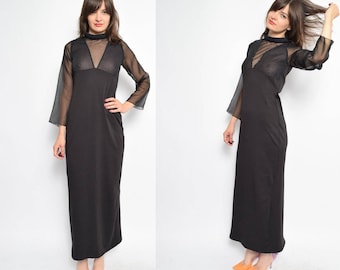 Vintage 80's Glossy Black Maxi Dress / Sheer Sleeve Long Dress - Size Medium