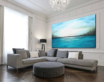Large original abstract landscape painting panoramic art blue white modern abstract painting oil framed artwork by L.Beiboer