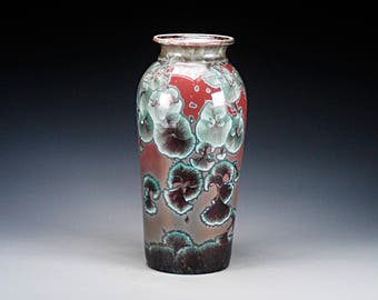 Ceramic Vase - Red, Green - Crystalline Glaze on High-Fired Porcelain - Hand Made Pottery - FREE SHIPPING - #E-5147