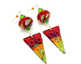 Red Enamel Earrings, Mixed Metal Earrings, Metalwork Earrings, Copper Earrings, Lampwork Earrings, Bead Earrings, Enamel Jewelry