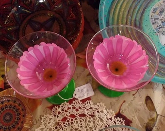 Pink Daisy hand painted martini glasses (Set of two)