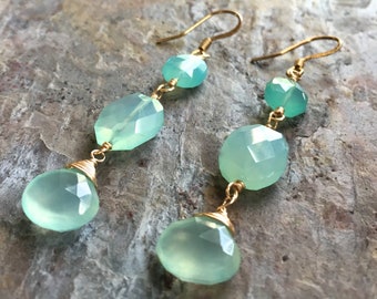 Chalcedony gemstone gold dangle earrings