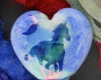 Lampwork Focal Bead SRA "Horses with Spirit" Handmade Iridescent Watercolour Lustre Sandblasted Glass Heart Bead ~ Sea Tones